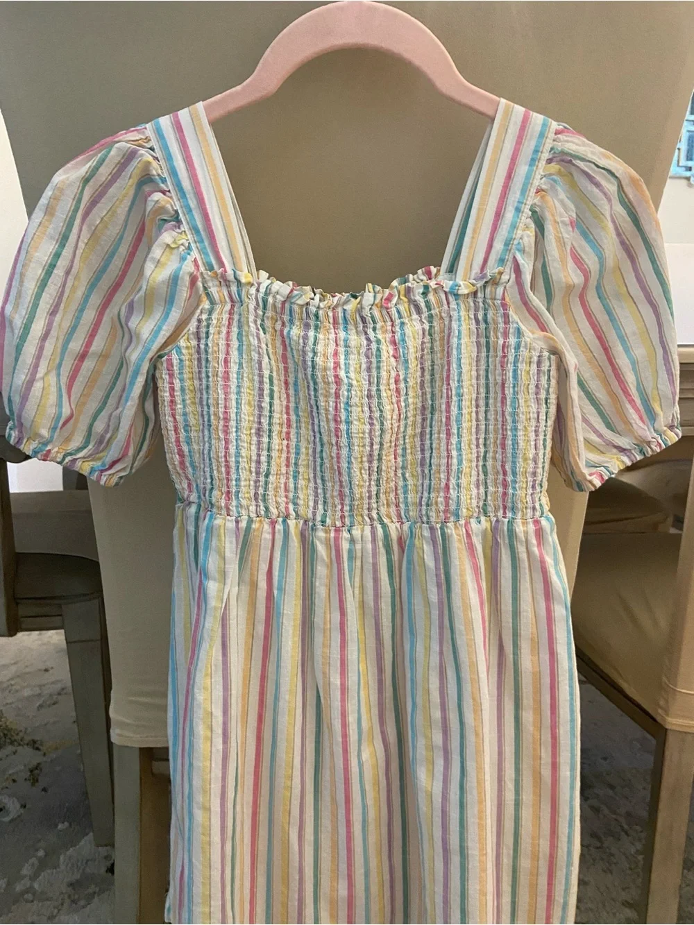 GAP Pastel Multi-Stripe Smocked Puff-Sleeve Dress
